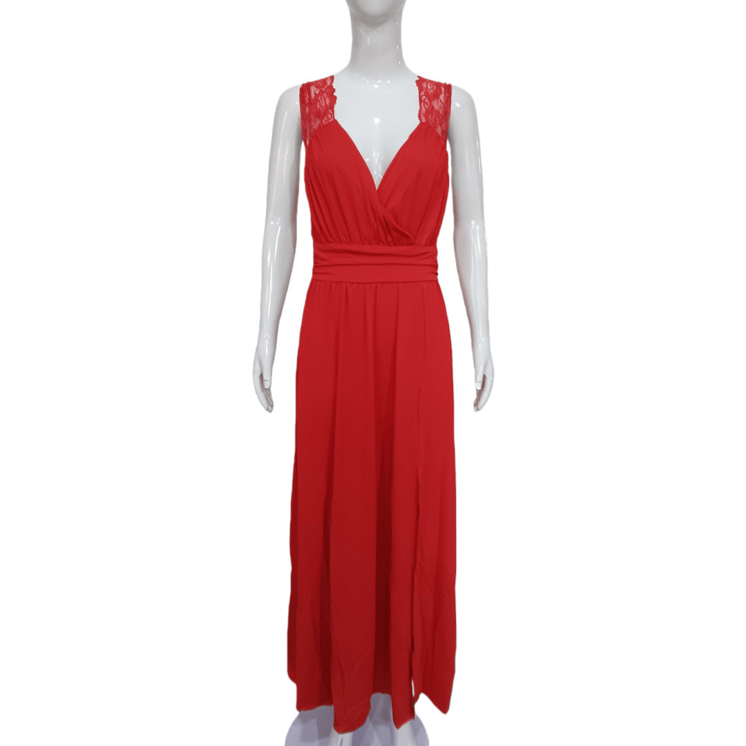 Women's Sleeveless Lace Backless Slit Hemline At Dress