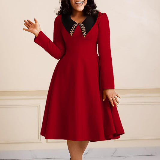Women's Long Sleeve Turn-down Collar Elegant Slimming Large Dresses