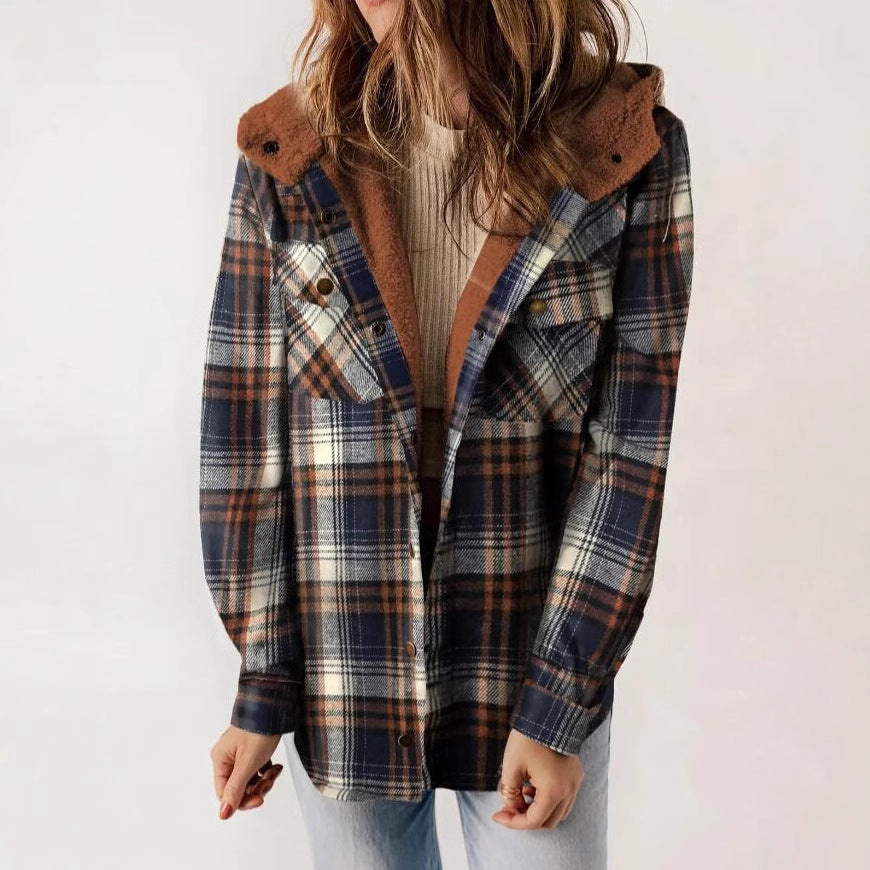 Women's Plaid Long Sleeve Furry Hooded With Coats