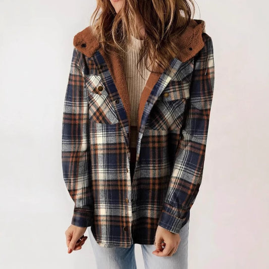 Women's Plaid Long Sleeve Furry Hooded With Coats