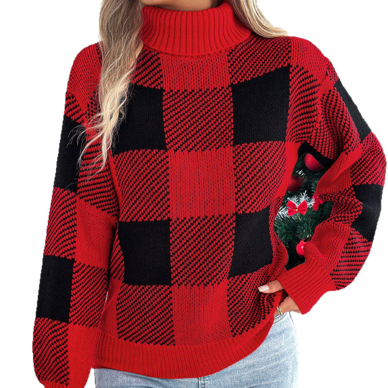 Women's Contrast Color Plaid Lantern Long Sleeve Turtleneck Sweater