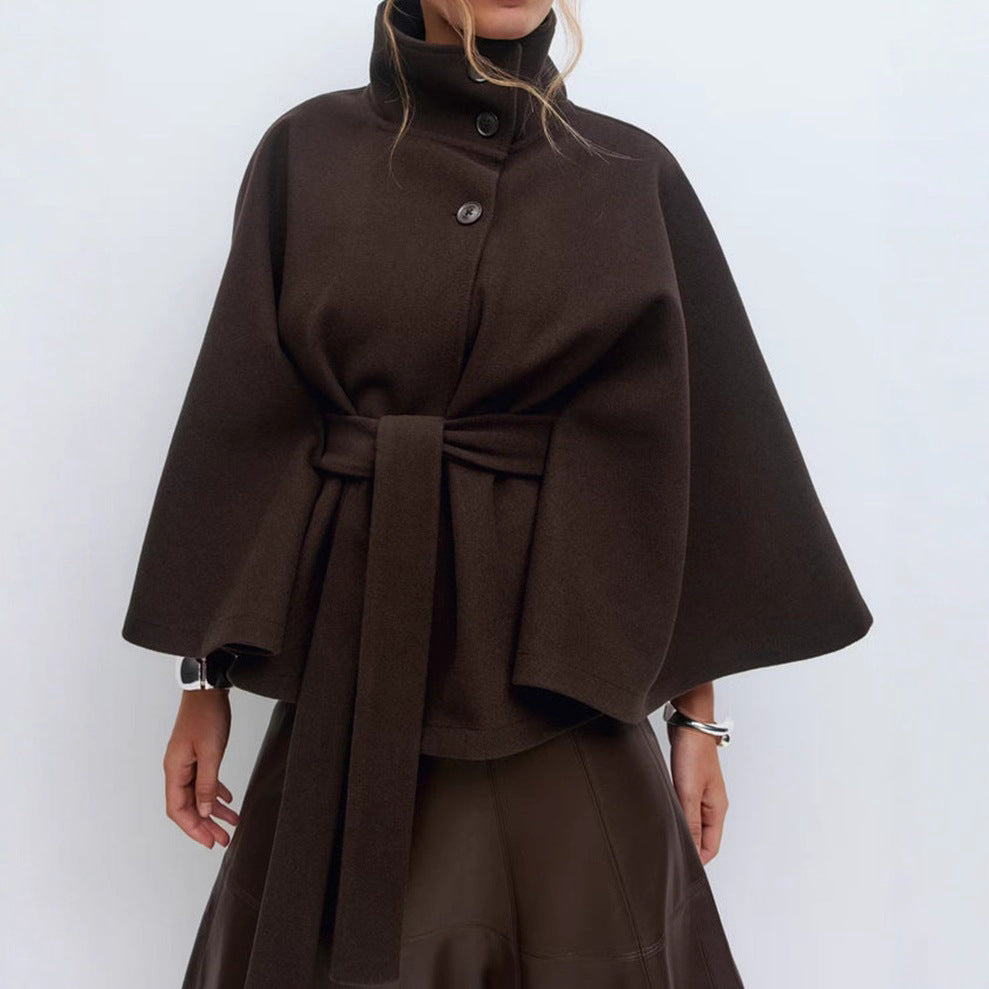 Women's Color Cloak Stand Collar Button Belt Coats
