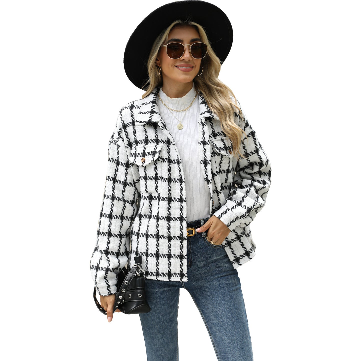 Women's Lapel Plaid Long Sleeve Loose Woolen Coats