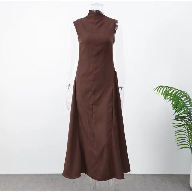 Women's High-grade Metal Button Symmetrical Pleated Sleeveless Dresses