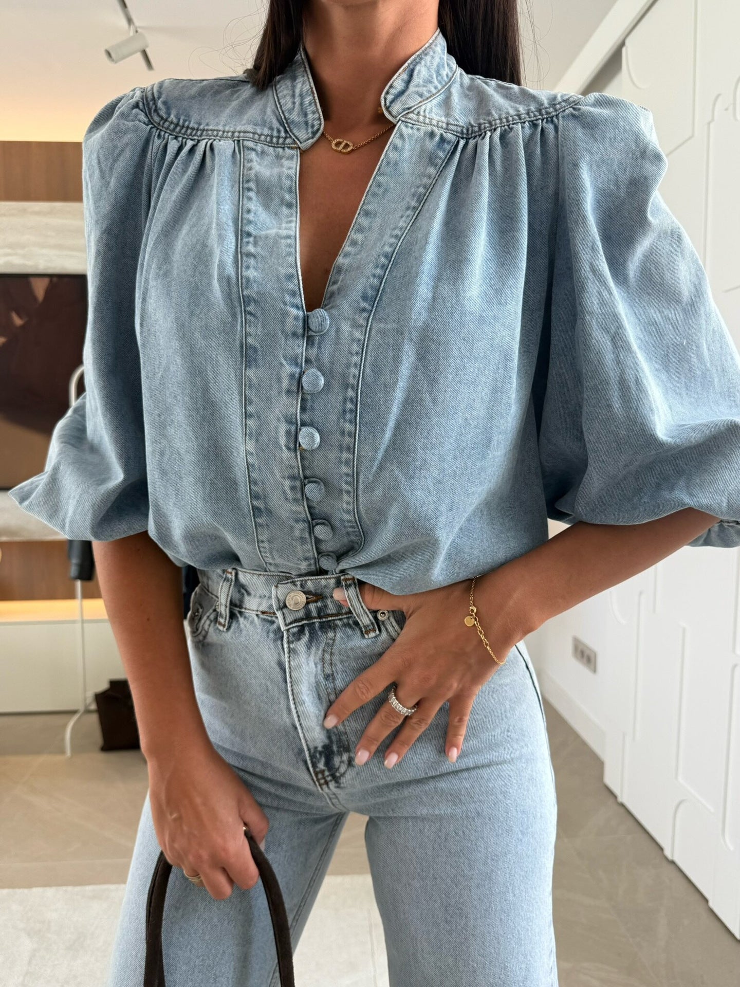 Women's Fashion Casual Retro Lantern Sleeve Denim Blouses
