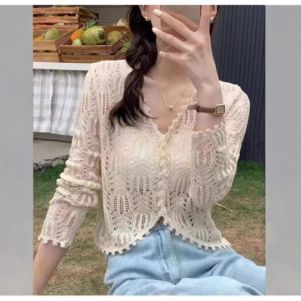Women's Cape Long Sleeve Sunscreen Hollow Out Crochet Knitted For Shorts