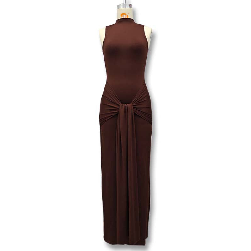 Women's Solid Color Round Neck Sleeveless Waist Trimming Lace Dress