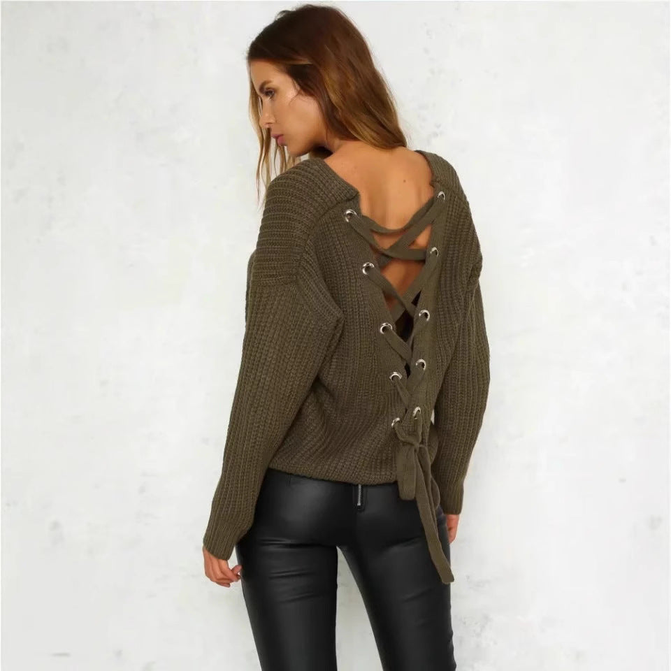 Women's Loose Pullover Solid Color Cross Sweaters
