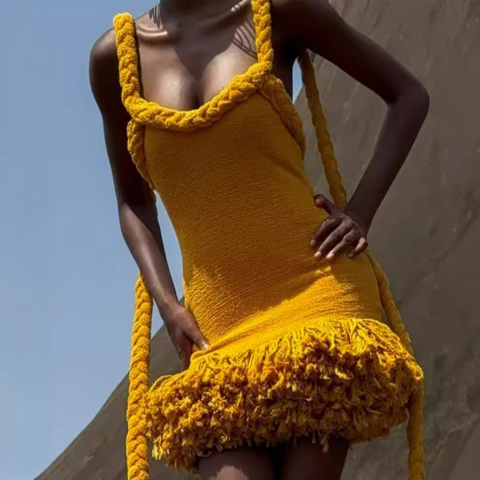 Twine Rope Shoulder Strap Tassel Dress Shorts