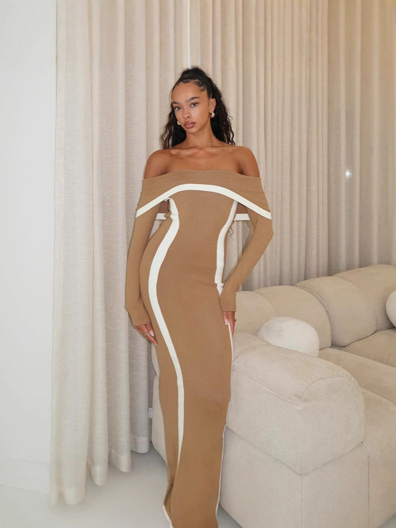 Elegant Sexy Contrast Color Slim Fit Dress Knitted Dresses