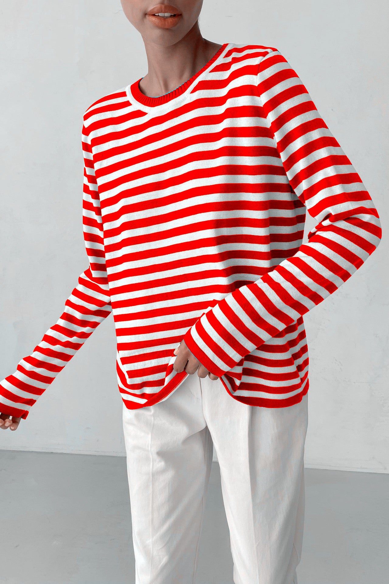 Women's Round Neck Knitted Striped Versatile Classic Retro Pullover Women's Sweater