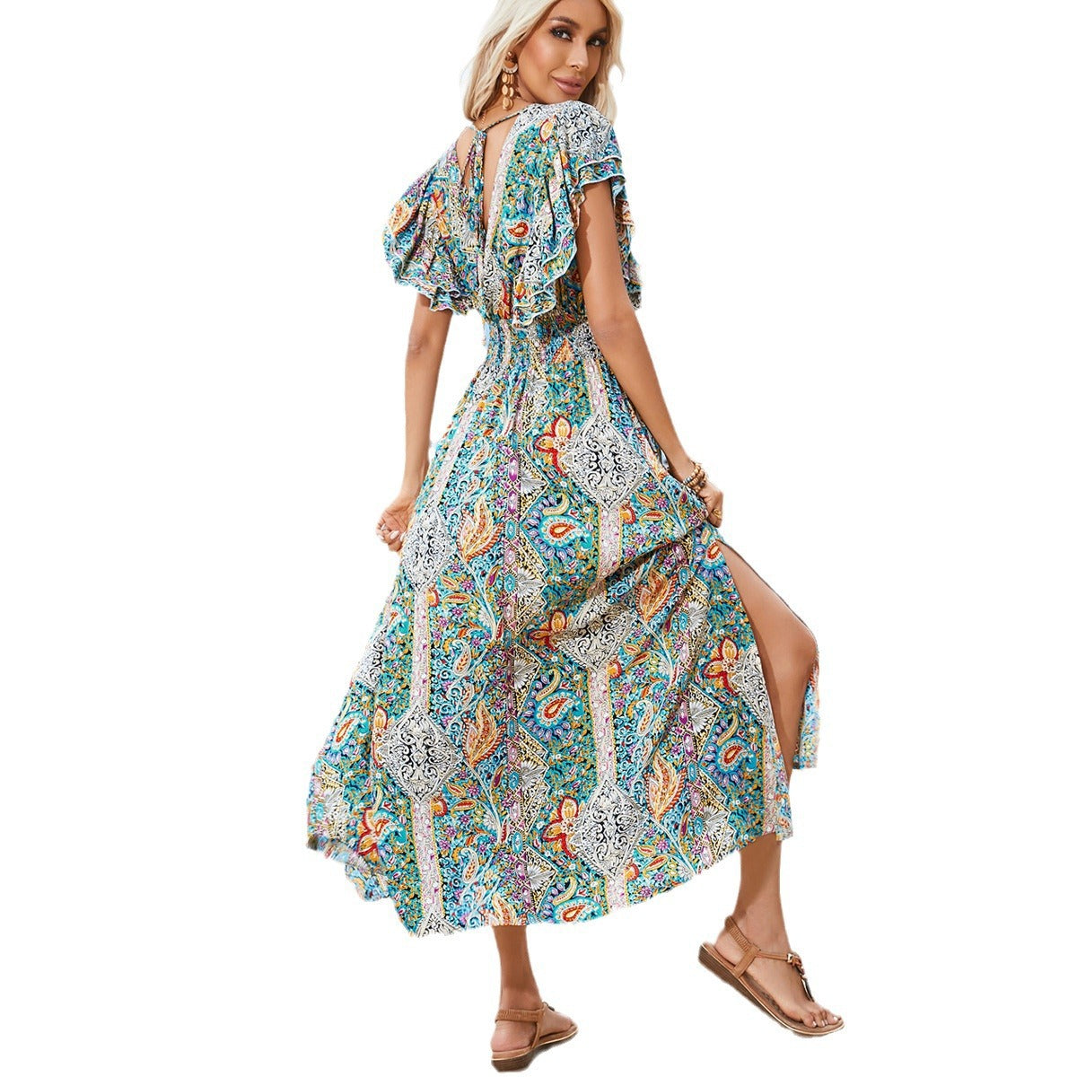 Women's Backless Rayon Printed Ruffled Sleeves Split Dresses