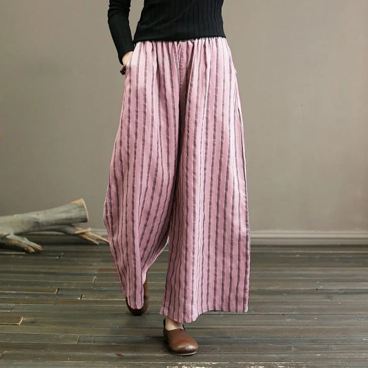 Women's Cotton Linen Stripes Summer Slimming Drape Casual Pants