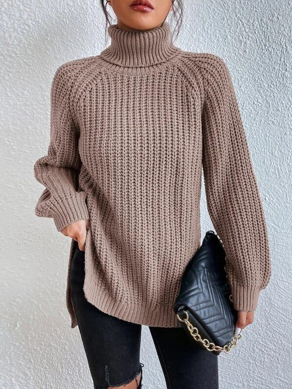 Women's Mid-length Raglan Sleeve High Lapel Split Knitwear