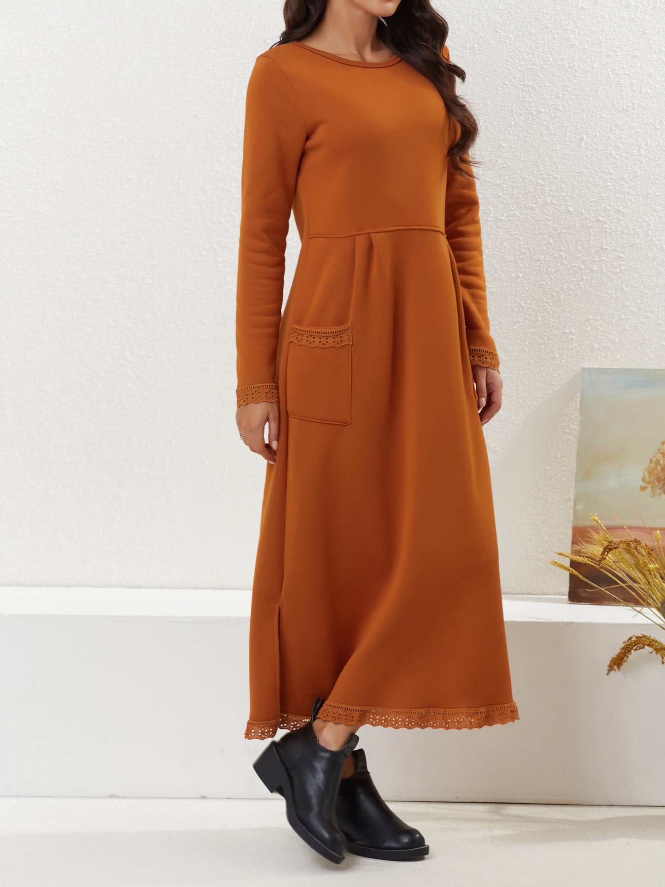 Autumn Loose Oversized Knit Lace Brushed Hoody Dress