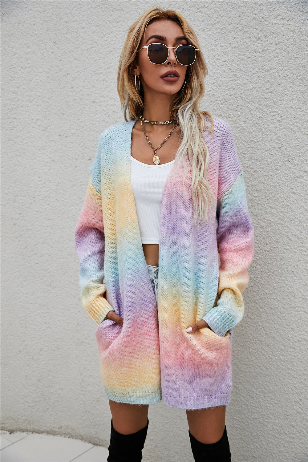 Pretty Women's Winter Rainbow Mid-length Loose Sweater