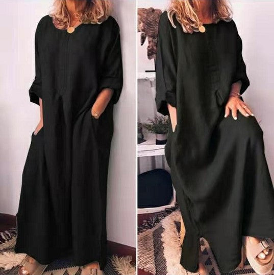 Women's Cotton Linen Solid Color Loose Dress Dresses