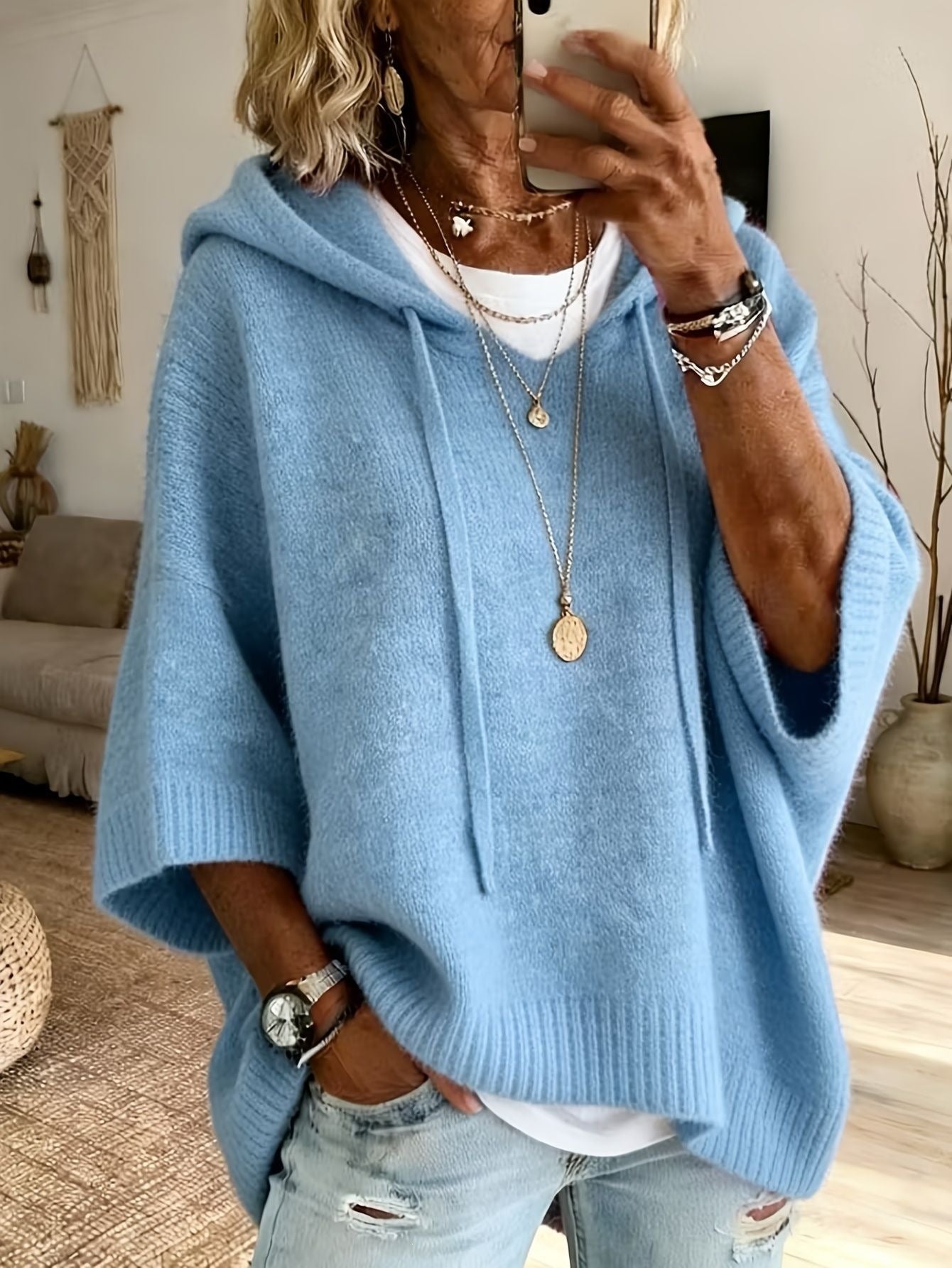 Women's Knitted Hooded Drawstring Woolen Outer Wear Sweaters