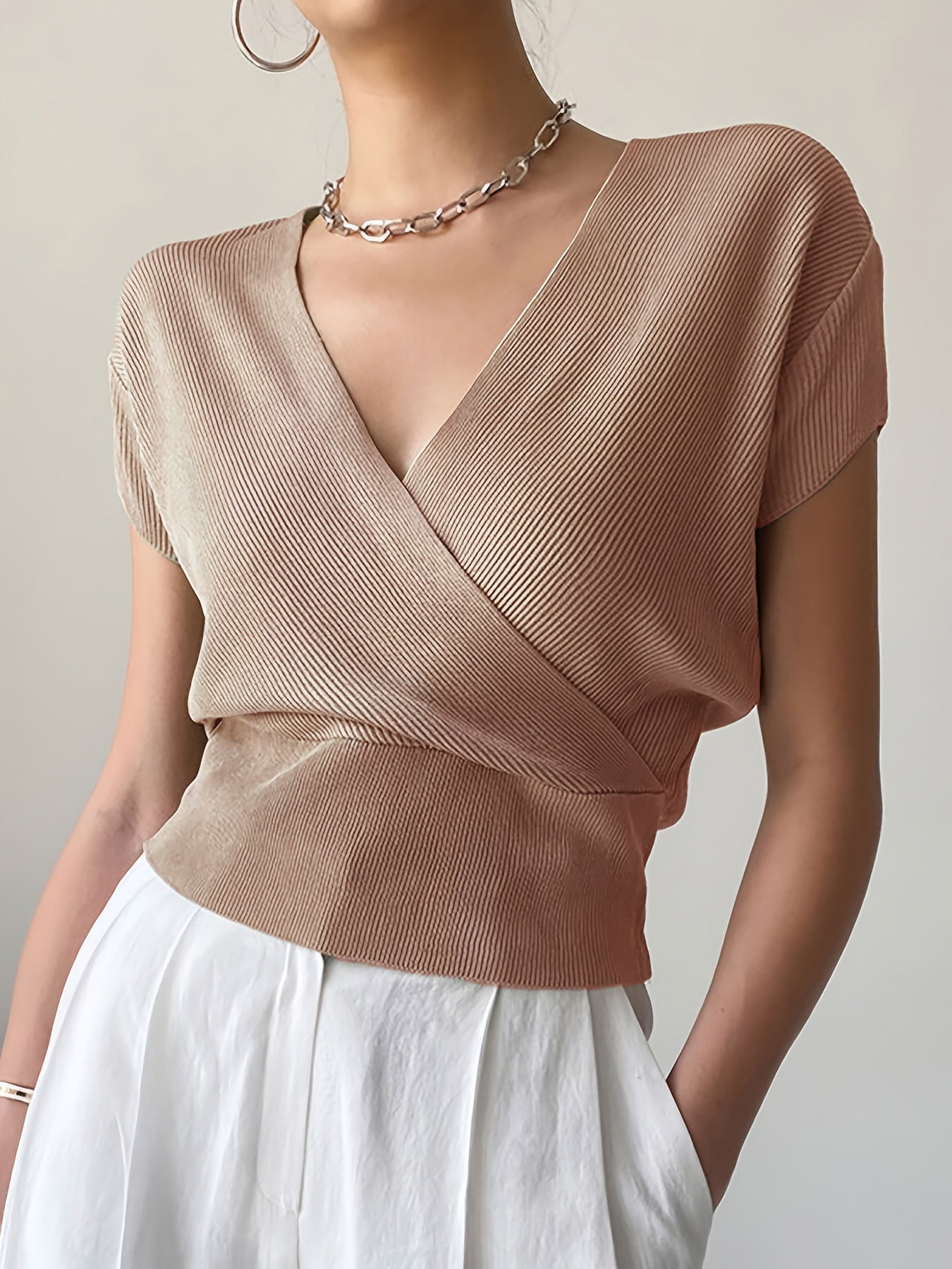 Women's Color With Cross Collar On Both Sides Easy Matching Waisted Women's Sweater