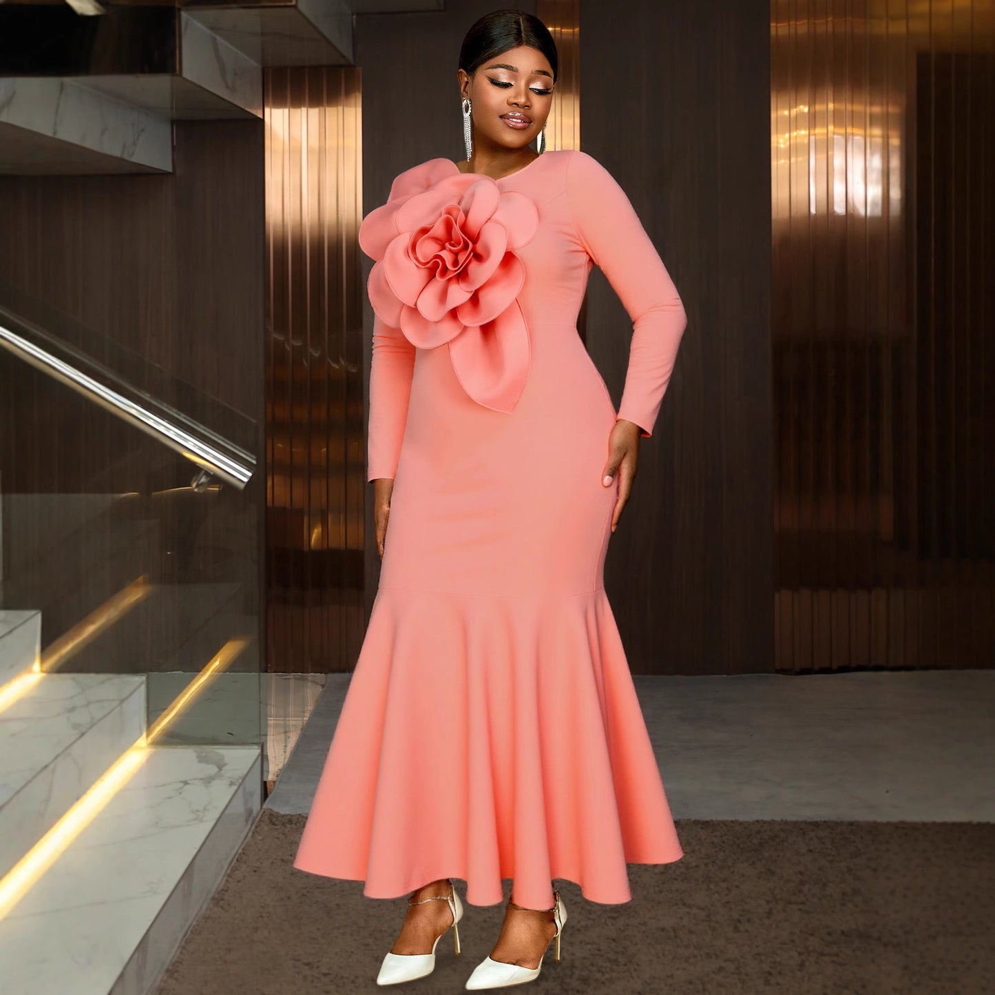 Women's Pink Three-dimensional Flower Long-sleeved Fishtail Dress Elegant Dresses