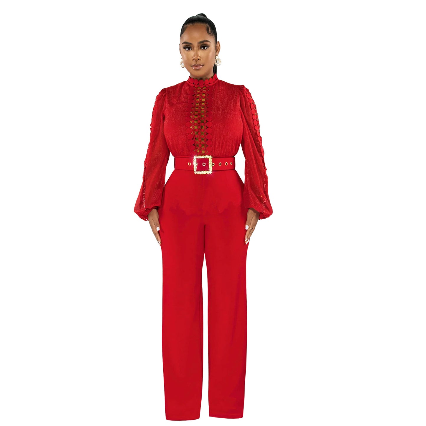 Women's Wear Belt Lace Cutout Solid Color Suits
