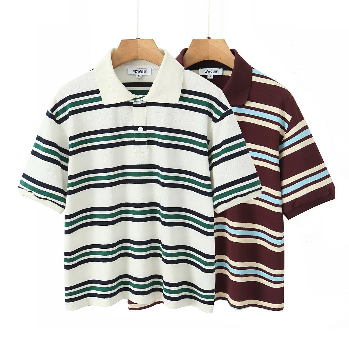 Women's Contrast Color Striped Shirt Collar Sleeve Blouses