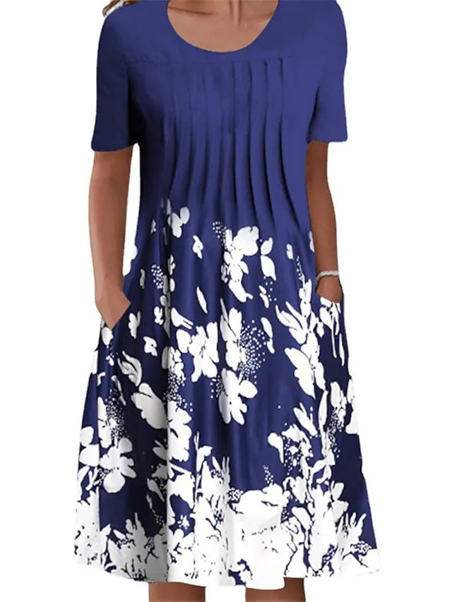 Women's Floral Print Round Neck Pullover Mid-length Dress