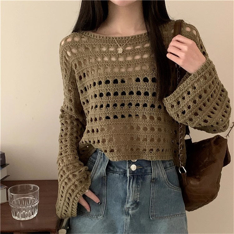 Women's Bell Sleeve Air Conditioning Shirt Hollow Thin Breathable Mesh Knitted Blouses