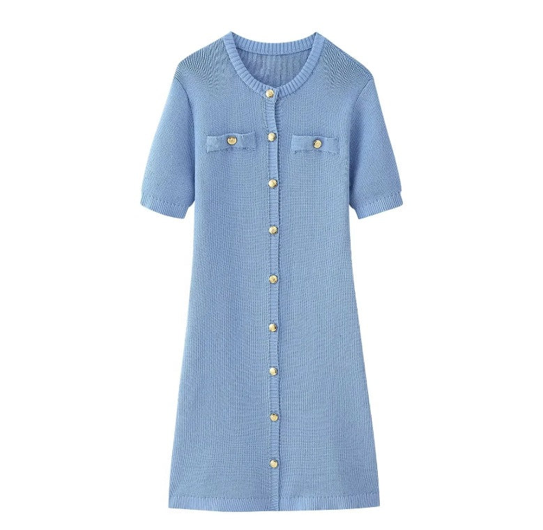 Women's Knitted Short-sleeved Button Wool Dress Dresses