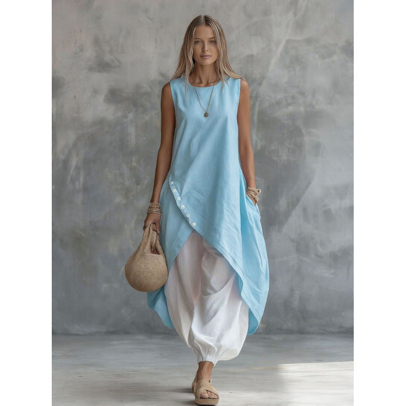 Solid Color Sleeveless Loose Pockets White Suits