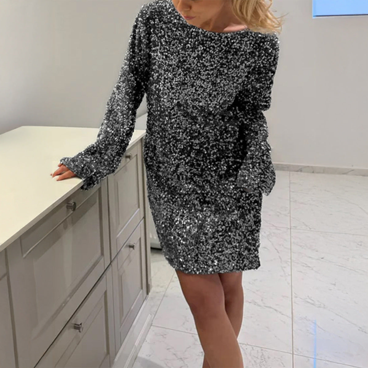 Women's Elegant Sequined Long Sleeve Dress Dresses