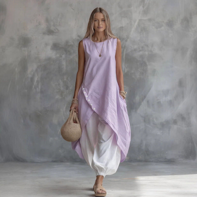 Solid Color Sleeveless Loose Pockets White Suits