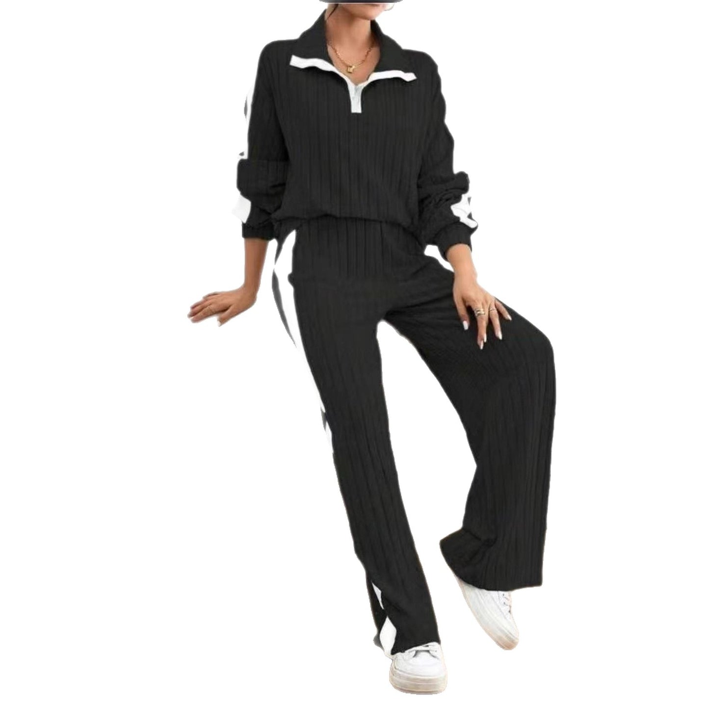 Women's Simple Sports Style Color Contrast Patchwork Lapel Zipper Fashion Casual Suit