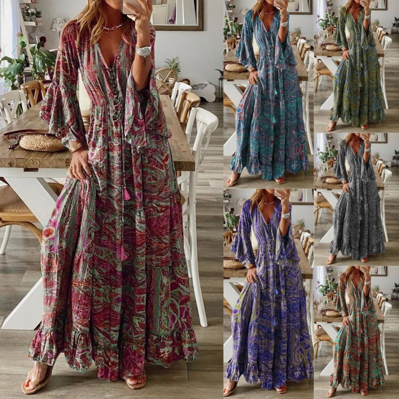 Bohemian Flare Sleeve Printed High Waist Holiday Dress