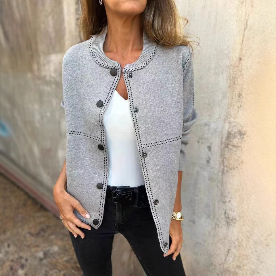 Striped Loose Round Neck Button Long Sweater