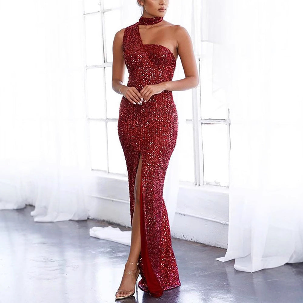 Color Sequined High Waist Temperament Commuter Dresses