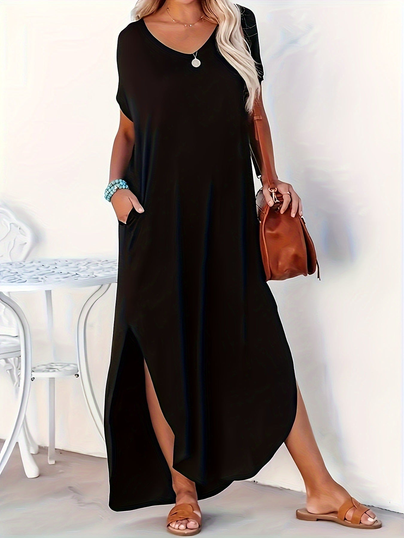Women's Pure Color Split Casual Style Loose Dress
