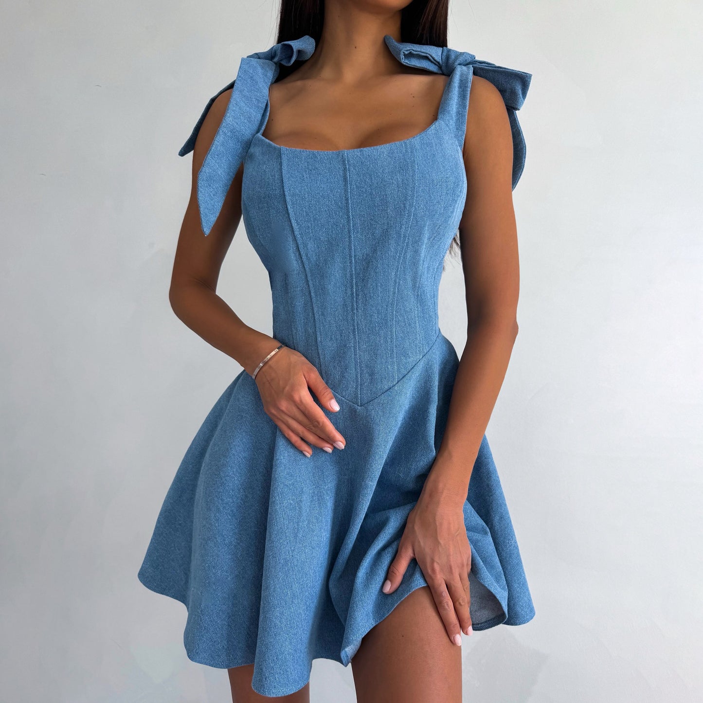 Hot Square Collar Lace Up Fishbone Tight Waist Dress