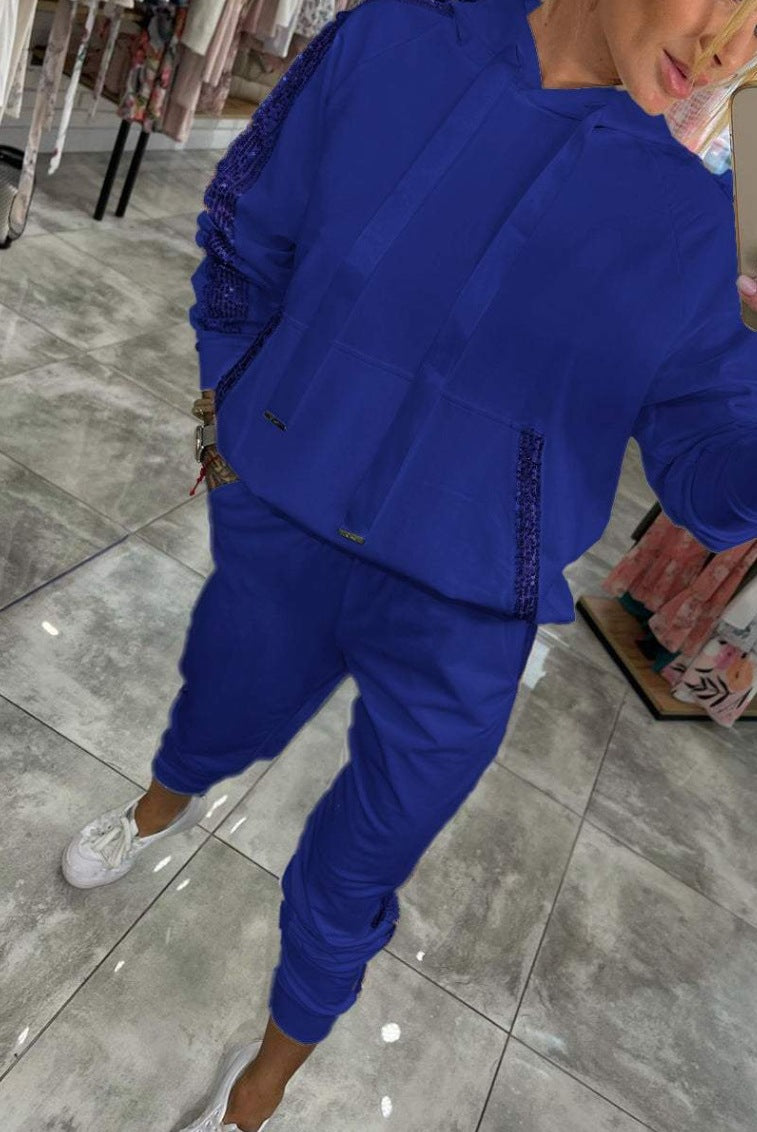 Women's Solid Color Sports Hoodie Stitching Sequin Suits