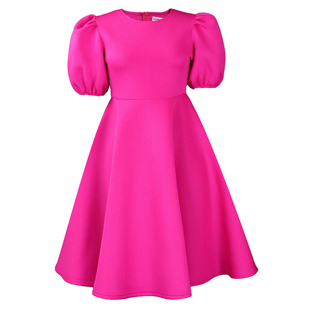Neck Graceful Puff Sleeve Large Hem Dress
