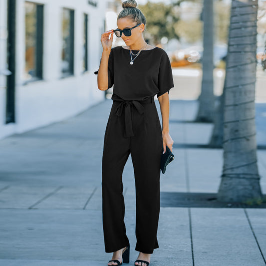 Women's Solid Color Round Neck Sleeves High Waist Wide Jumpsuits
