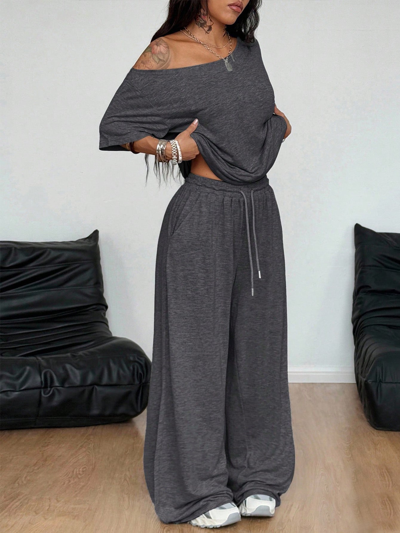 Women's Diagonal Collar Wide Leg Solid Color Sports Two-piece Loose Suits
