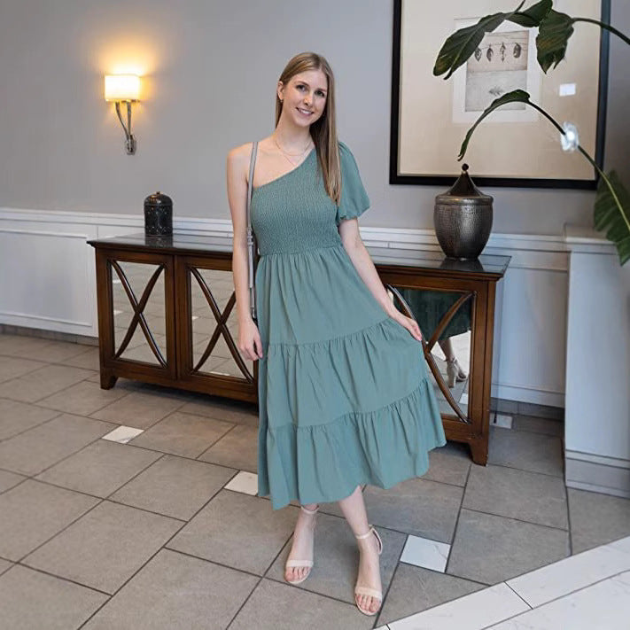 Women's Summer Bohemian Solid Color Smoked Layered Dresses
