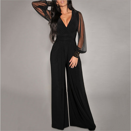 Attractive Sexy Mesh Stitching Rivet Straight Jumpsuits