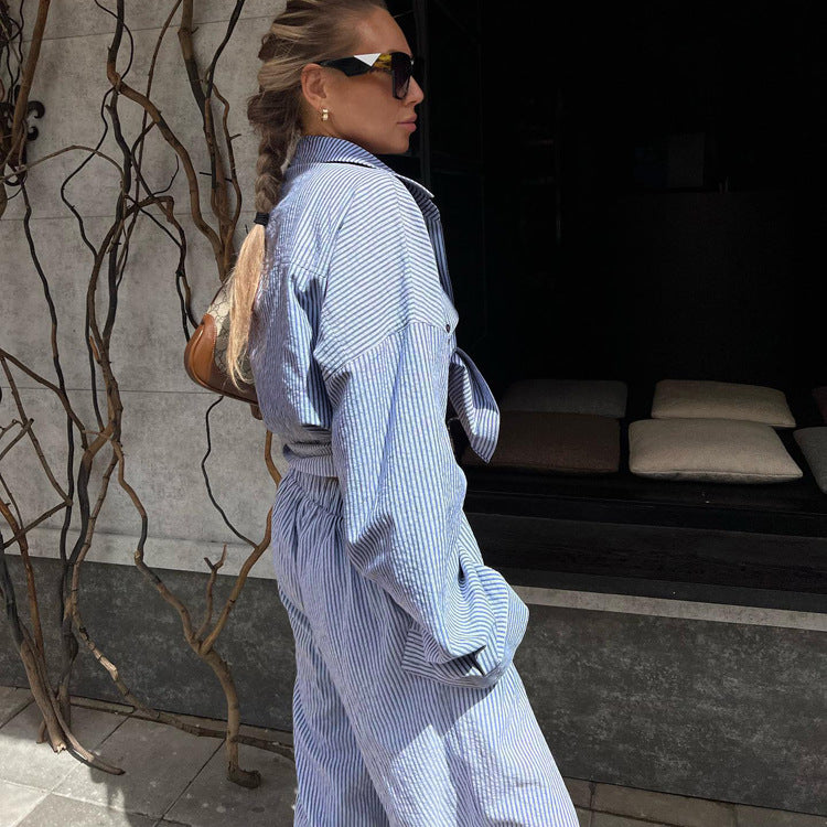 Women's Striped Lapel Shirt Long Sleeve Wide Leg Loose Suits