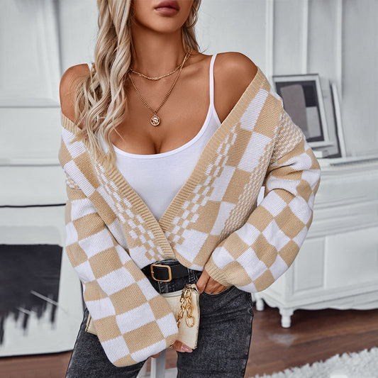 Women's Contrast Color Check Casual Loose Lantern Sleeve Sweaters