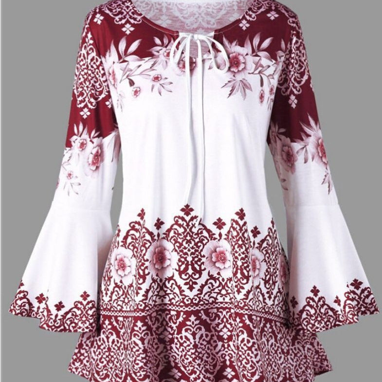 Women's Popular Print Long Horn Sleeve T-shirt Blouses