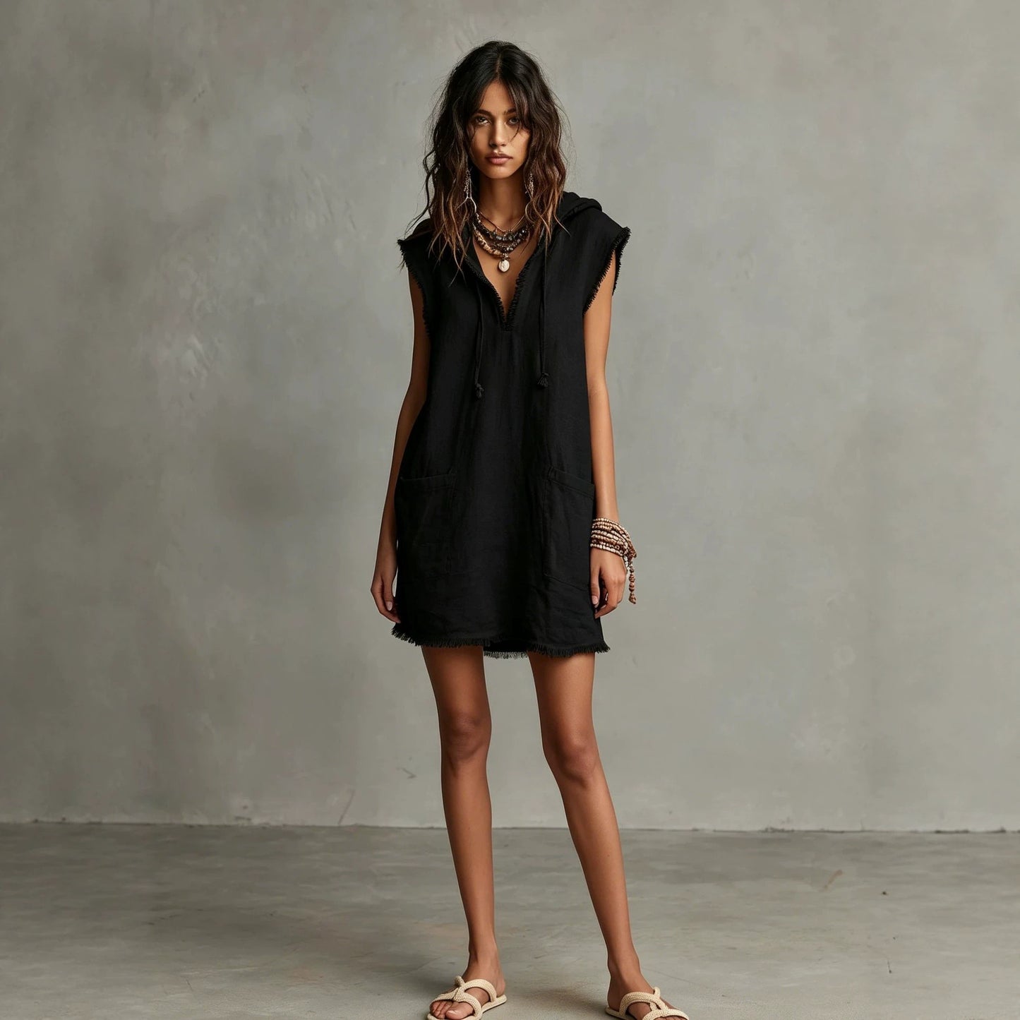 Women's Minimalist Linen Blended Mini Hooded Sleeveless Frayed Dress