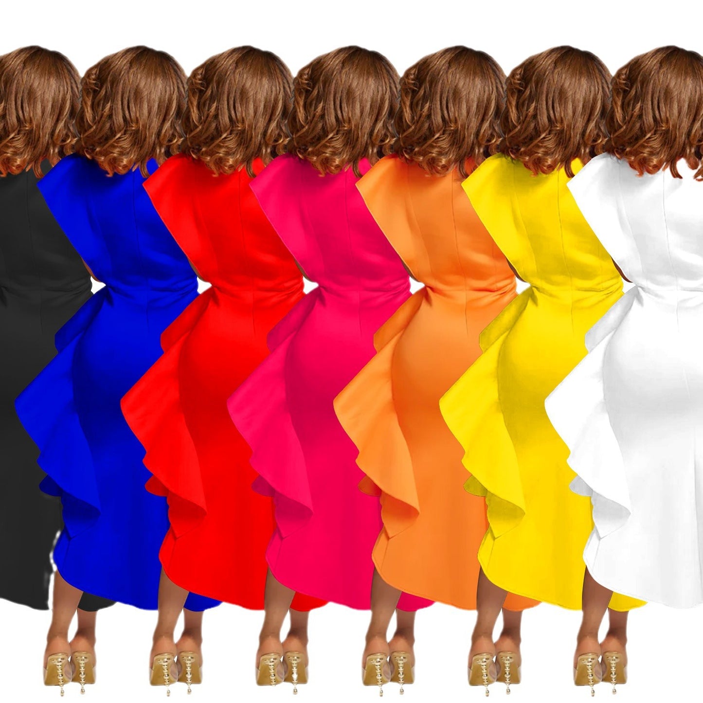Women's Fashion Wear Solid Color Belt Ruffled Dresses