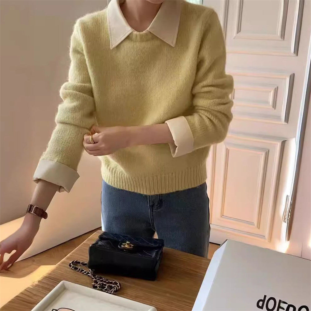 Women's Stitching Shirt Collar Fake Two-piece Knitted Sweater